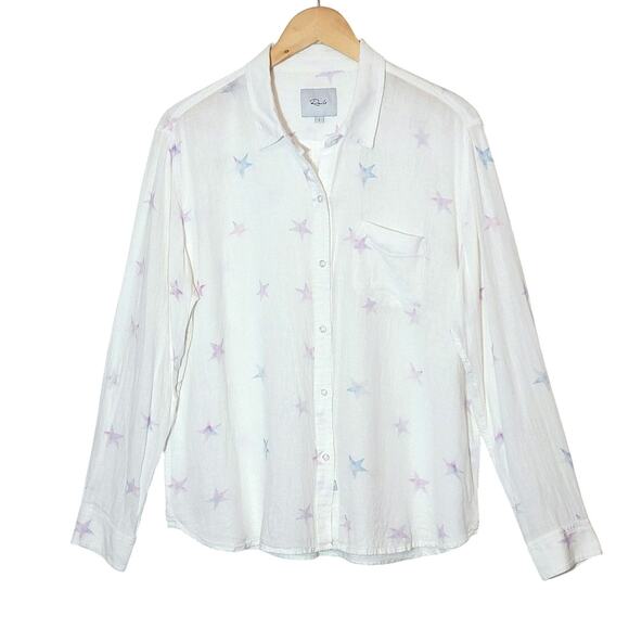 Rails Charli Linen Shirt Tie Dye Stars Button Down White Relaxed Fit Casual L - Picture 16 of 16